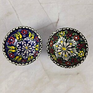 Set of 2 Small Turkish Bowls Handmade Ceramic Painted and Glazed Blue Red White